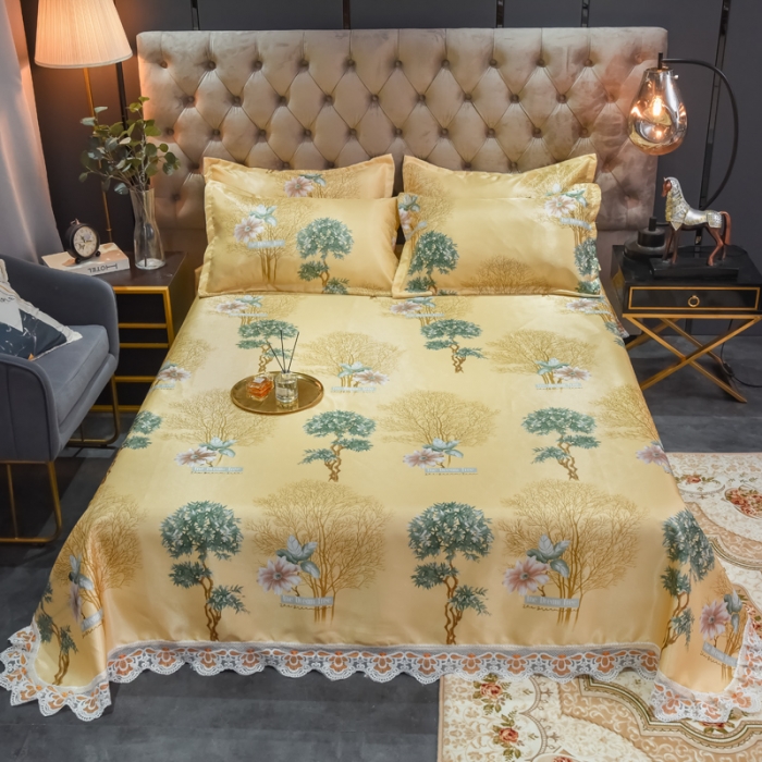 91家纺网 家纺一手货源 找家纺 ds生活馆 2021新款欧式蕾丝花边床单款凉席冰丝席梦境黄