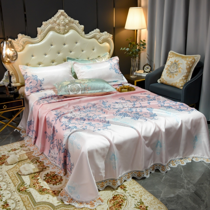 91家纺网 家纺一手货源 找家纺 ds生活馆 2021新款欧式蕾丝花边床单款凉席冰丝席悉尼粉