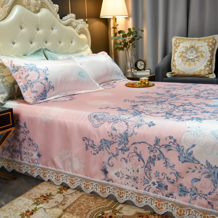 91家纺网 家纺一手货源 找家纺 ds生活馆 2021新款欧式蕾丝花边床单款凉席冰丝席悉尼粉