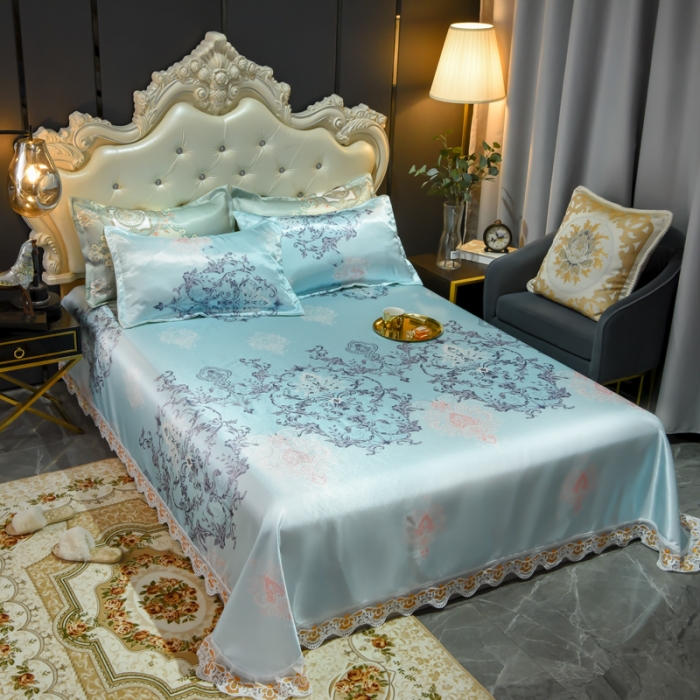 91家纺网 家纺一手货源 找家纺 ds生活馆 2021新款欧式蕾丝花边床单款凉席冰丝席悉尼蓝