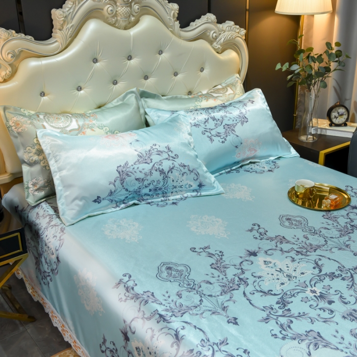 91家纺网 家纺一手货源 找家纺 ds生活馆 2021新款欧式蕾丝花边床单款凉席冰丝席悉尼蓝