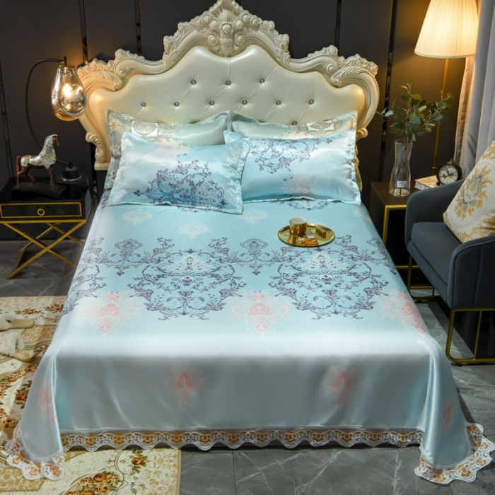 91家纺网 家纺一手货源 找家纺 ds生活馆 2021新款欧式蕾丝花边床单款凉席冰丝席悉尼蓝