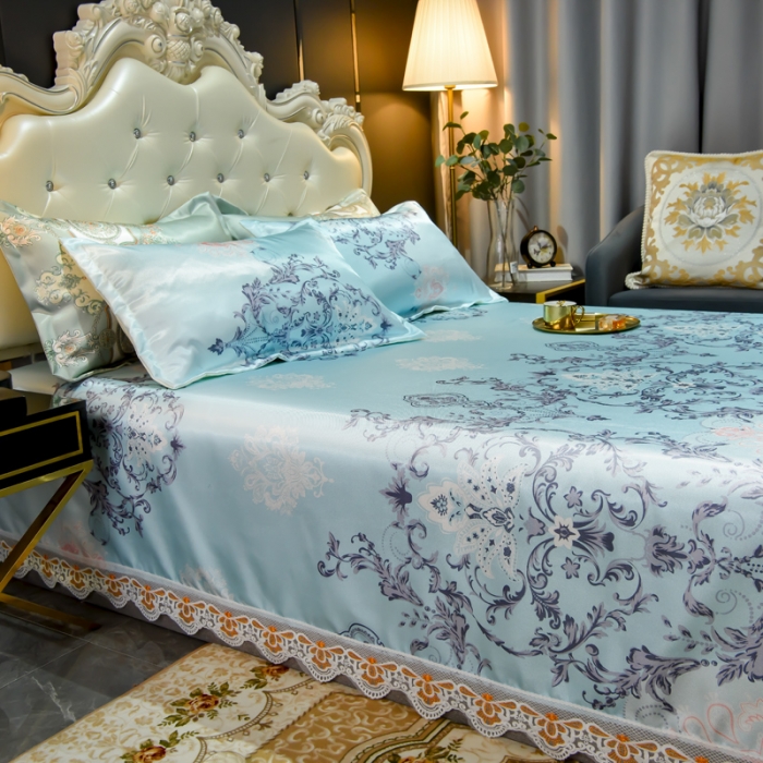 91家纺网 家纺一手货源 找家纺 ds生活馆 2021新款欧式蕾丝花边床单款凉席冰丝席悉尼蓝