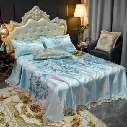 ds生活馆 2021新款欧式蕾丝花边床单款凉席冰丝席悉尼蓝