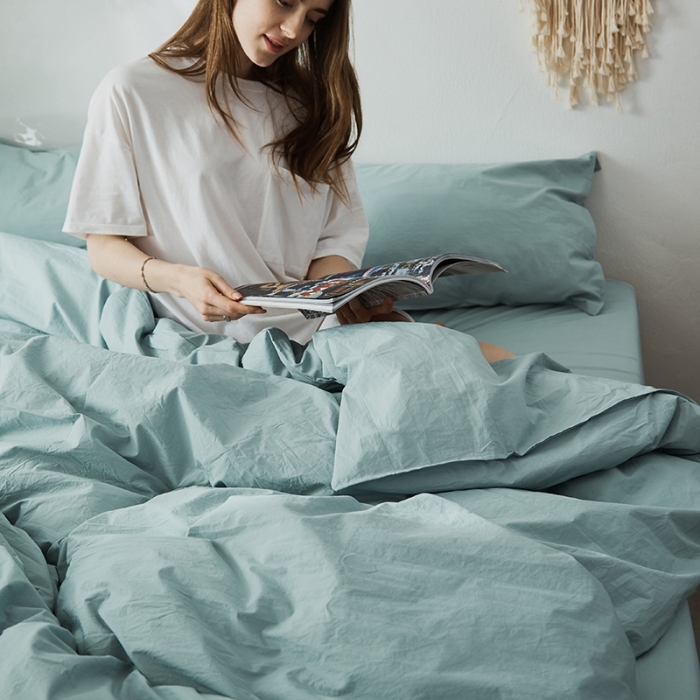 91家纺网 家纺一手货源 找家纺 涞澳家纺 2021新款60s水洗棉素色四件套 浅湖蓝