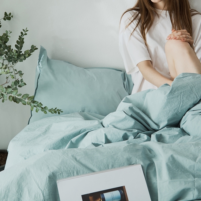 91家纺网 家纺一手货源 找家纺 涞澳家纺 2021新款60s水洗棉素色四件套 浅湖蓝