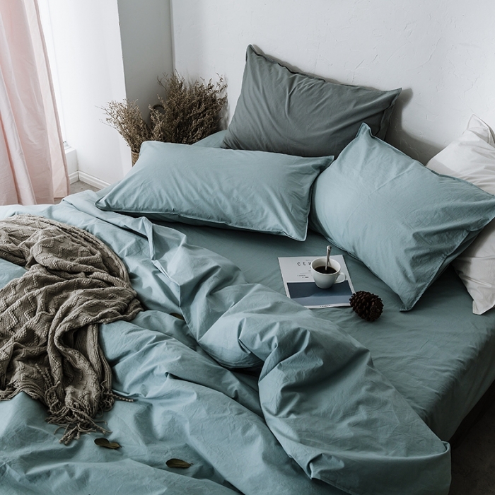 91家纺网 家纺一手货源 找家纺 涞澳家纺 2021新款60s水洗棉素色四件套 浅湖蓝