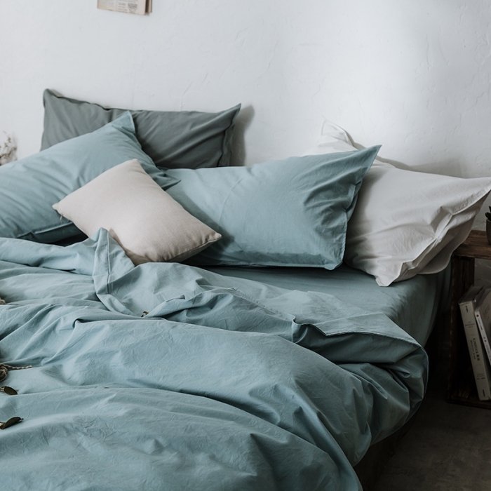 91家纺网 家纺一手货源 找家纺 涞澳家纺 2021新款60s水洗棉素色四件套 浅湖蓝