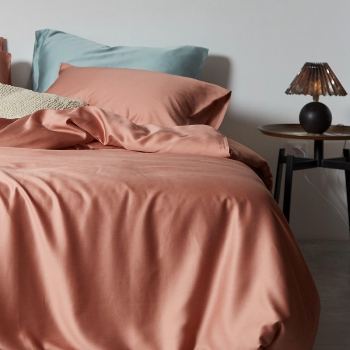 91家纺网 家纺一手货源 找家纺 涞澳家居 2021新款60天丝纯色四件套西柚粉