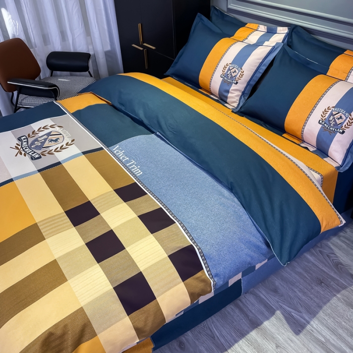 91家纺网 家纺一手货源 找家纺 金爱家 2021新款全棉13372四件套条格简约系列摩登