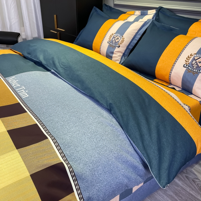 91家纺网 家纺一手货源 找家纺 金爱家 2021新款全棉13372四件套条格简约系列摩登