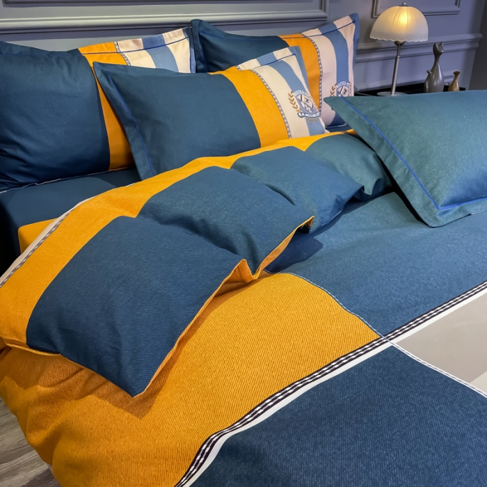 91家纺网 家纺一手货源 找家纺 金爱家 2021新款全棉13372四件套条格简约系列摩登