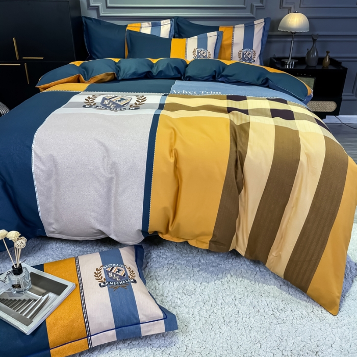 91家纺网 家纺一手货源 找家纺 金爱家 2021新款全棉13372四件套条格简约系列摩登