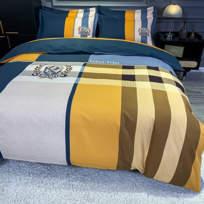 91家纺网 家纺一手货源 找家纺 金爱家 2021新款全棉13372四件套条格简约系列摩登