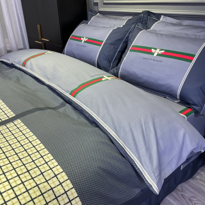 91家纺网 家纺一手货源 找家纺 金爱家 2021新款全棉13372四件套条格简约系列英伦潮流