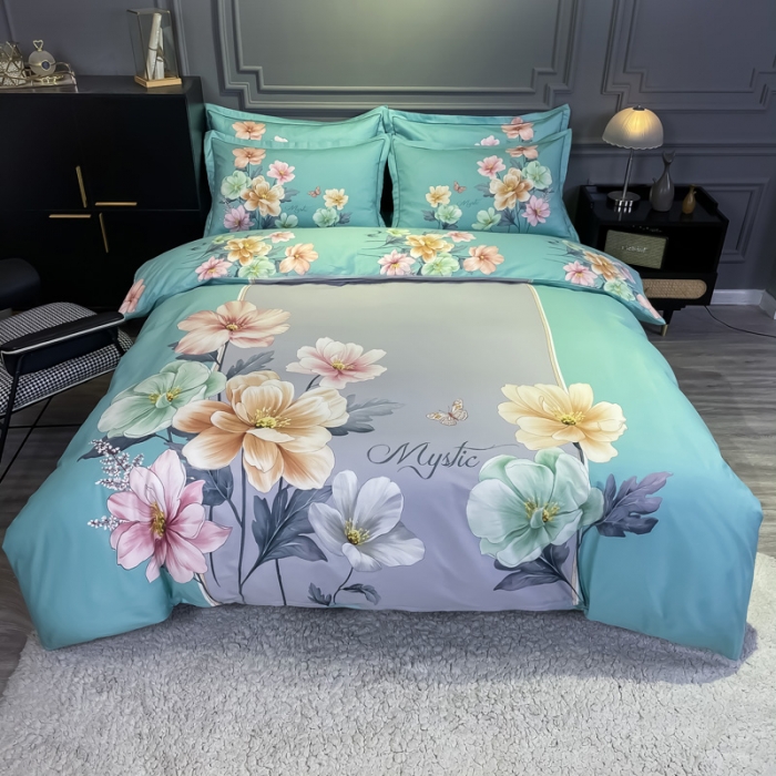 91家纺网 家纺一手货源 找家纺 金爱家 2021新款全棉活性花卉系列四件套 觅春绿