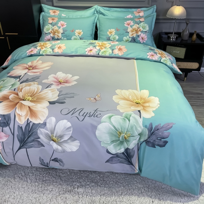 91家纺网 家纺一手货源 找家纺 金爱家 2021新款全棉活性花卉系列四件套 觅春绿