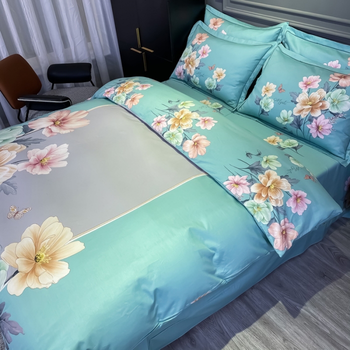 91家纺网 家纺一手货源 找家纺 金爱家 2021新款全棉活性花卉系列四件套 觅春绿