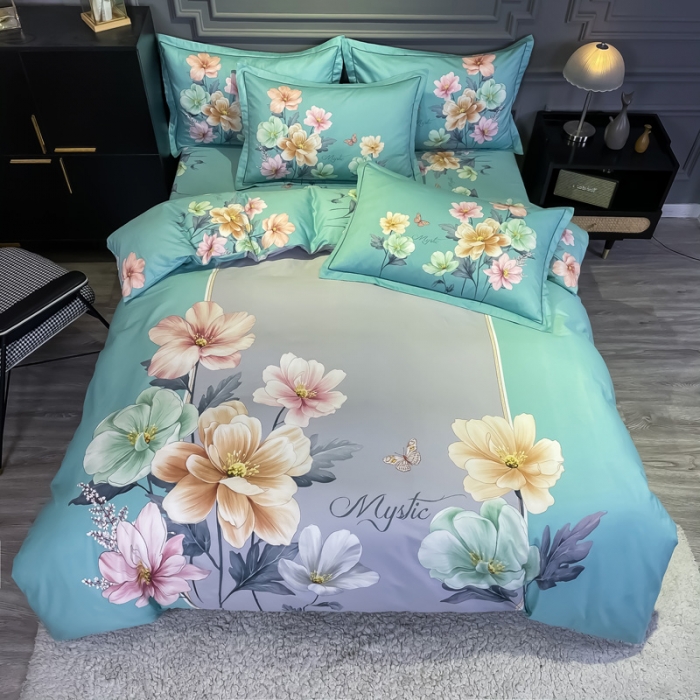 91家纺网 家纺一手货源 找家纺 金爱家 2021新款全棉活性花卉系列四件套 觅春绿