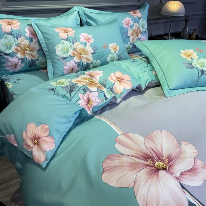 91家纺网 家纺一手货源 找家纺 金爱家 2021新款全棉活性花卉系列四件套 觅春绿