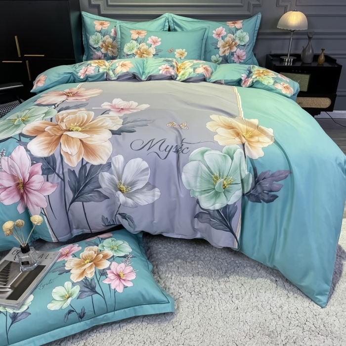 91家纺网 家纺一手货源 找家纺 金爱家 2021新款全棉活性花卉系列四件套 觅春绿