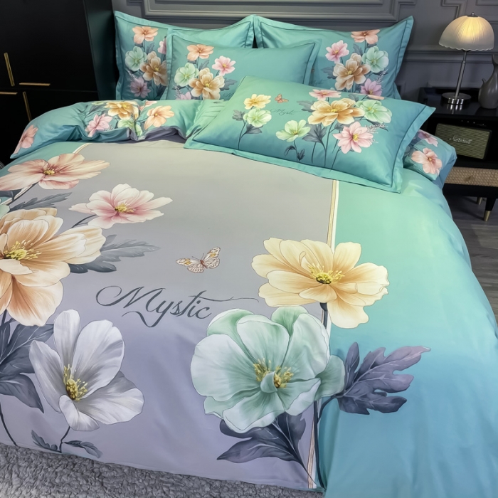 91家纺网 家纺一手货源 找家纺 金爱家 2021新款全棉活性花卉系列四件套 觅春绿