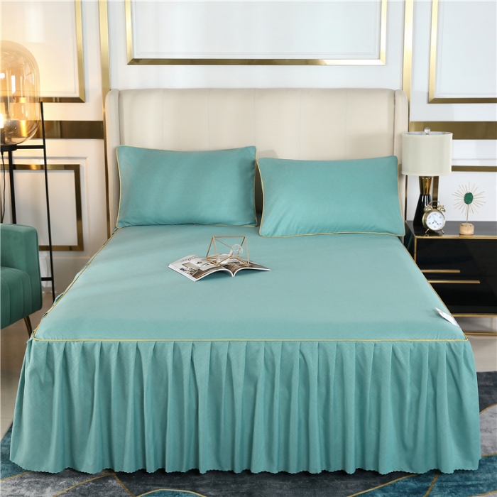 91家纺网 家纺一手货源 找家纺 乐逸家纺 2023新款3D压花床裙三件套 薄荷绿