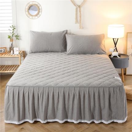 91家纺网 家纺一手货源 找家纺 乐逸 2025新品日式全棉色织水洗棉夹棉床裙深烟灰