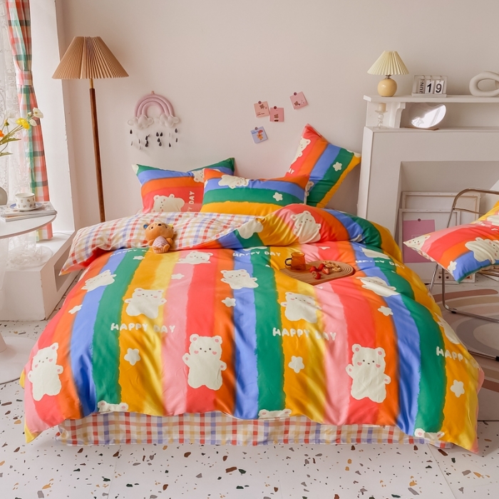 91家纺网 家纺一手货源 找家纺 眠屿家纺 2021新款全棉印花四件套 彩虹熊