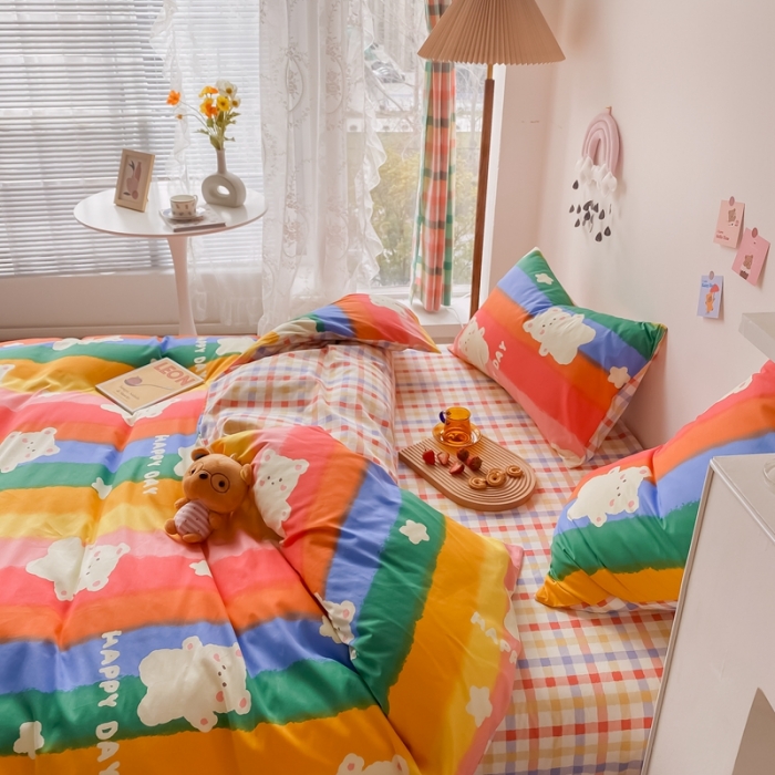 91家纺网 家纺一手货源 找家纺 眠屿家纺 2021新款全棉印花四件套 彩虹熊