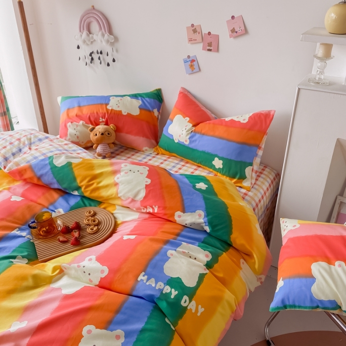 91家纺网 家纺一手货源 找家纺 眠屿家纺 2021新款全棉印花四件套 彩虹熊