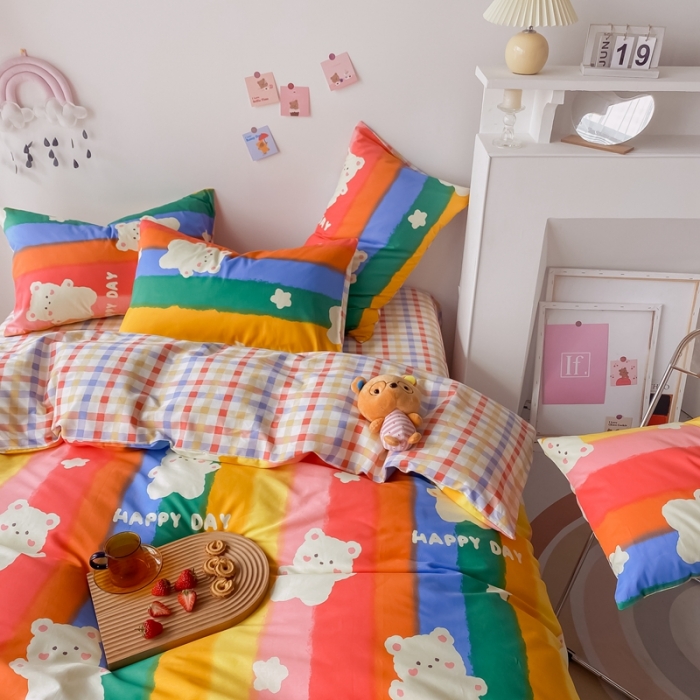 91家纺网 家纺一手货源 找家纺 眠屿家纺 2021新款全棉印花四件套 彩虹熊