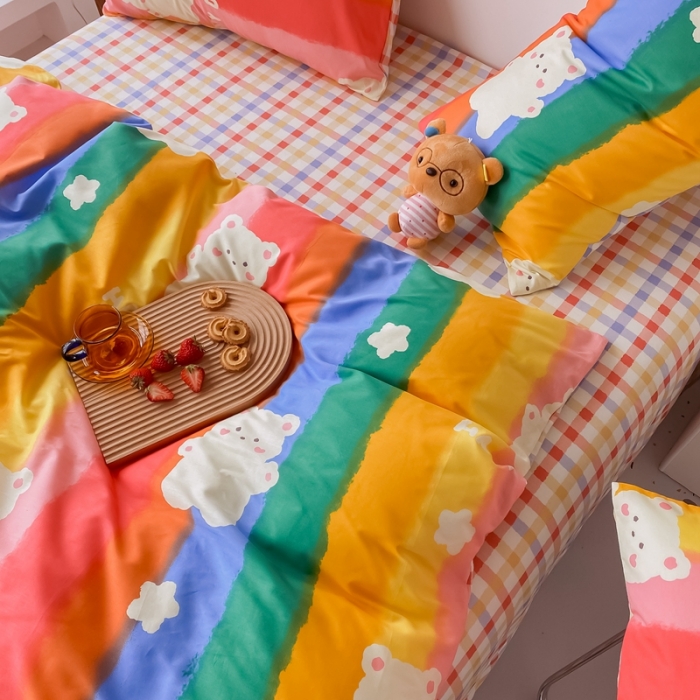 91家纺网 家纺一手货源 找家纺 眠屿家纺 2021新款全棉印花四件套 彩虹熊