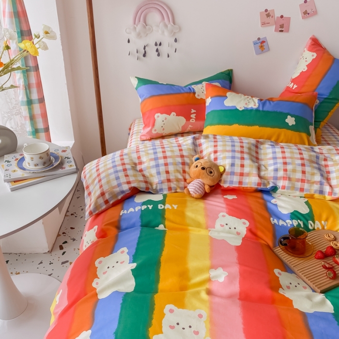 91家纺网 家纺一手货源 找家纺 眠屿家纺 2021新款全棉印花四件套 彩虹熊