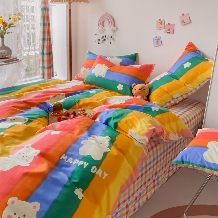 91家纺网 家纺一手货源 找家纺 眠屿家纺 2021新款全棉印花四件套 彩虹熊