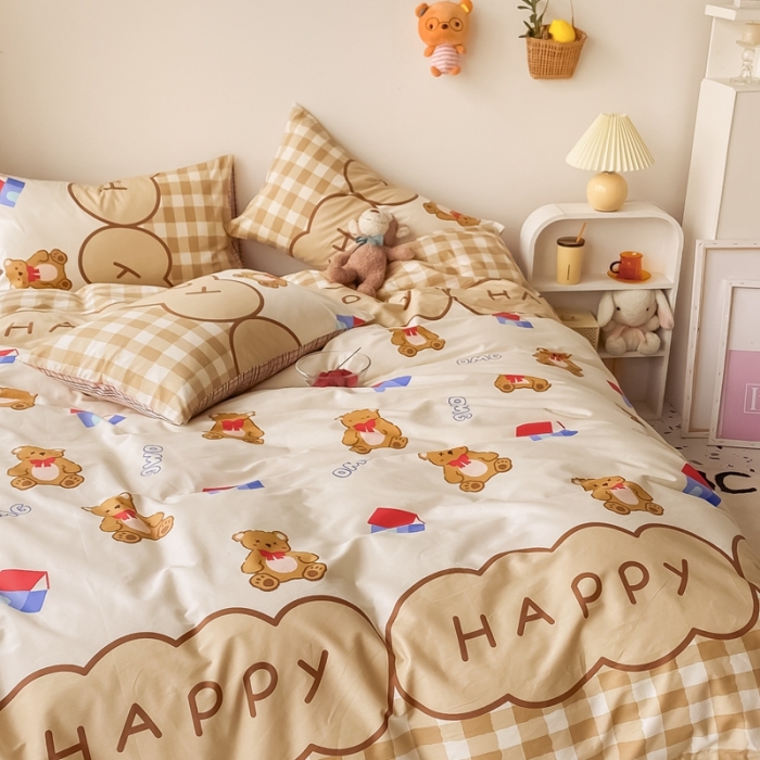 91家纺网 家纺一手货源 找家纺 眠屿家纺 2021新款全棉印花四件套 房子小熊