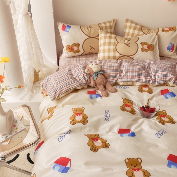 91家纺网 家纺一手货源 找家纺 眠屿家纺 2021新款全棉印花四件套 房子小熊