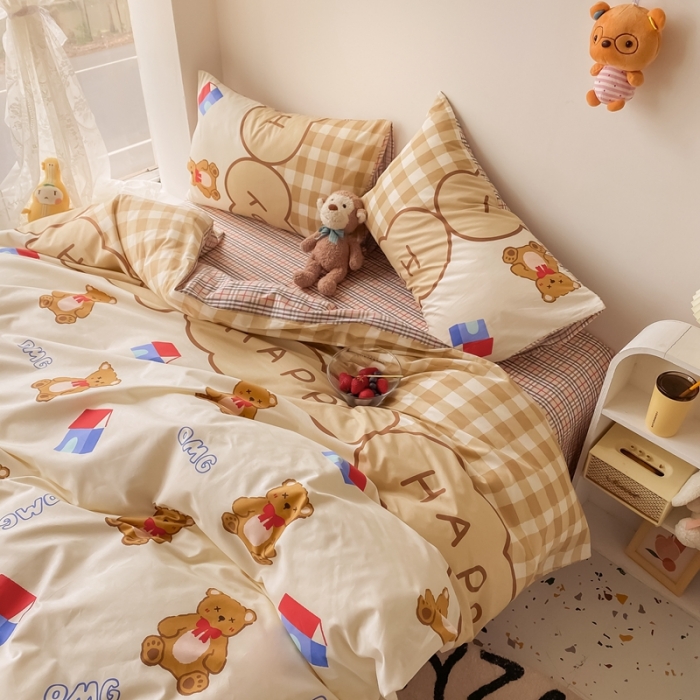 91家纺网 家纺一手货源 找家纺 眠屿家纺 2021新款全棉印花四件套 房子小熊