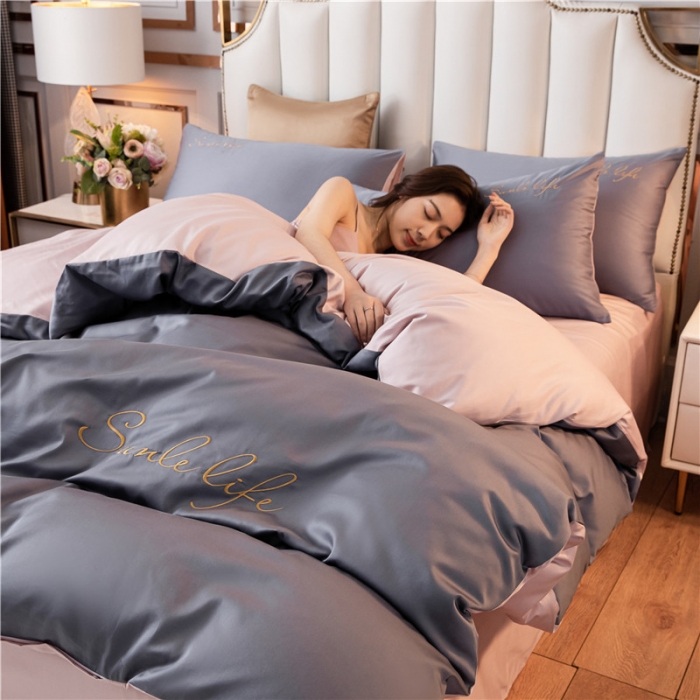 91家纺网 家纺一手货源 找家纺 古吉梦 2020新款洛卡棉双拼S款四件套 紫灰