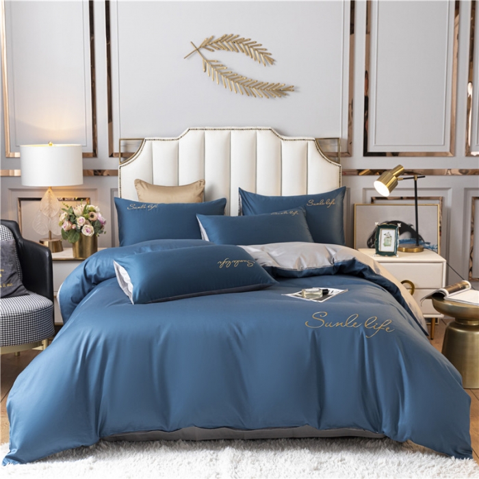 91家纺网 家纺一手货源 找家纺 古吉梦 2020新款洛卡棉双拼S款四件套 月光蓝