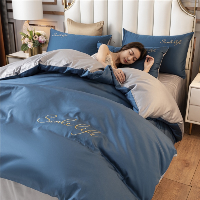 91家纺网 家纺一手货源 找家纺 古吉梦 2020新款洛卡棉双拼S款四件套 月光蓝