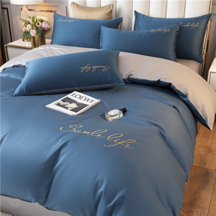 91家纺网 家纺一手货源 找家纺 古吉梦 2020新款洛卡棉双拼S款四件套 月光蓝