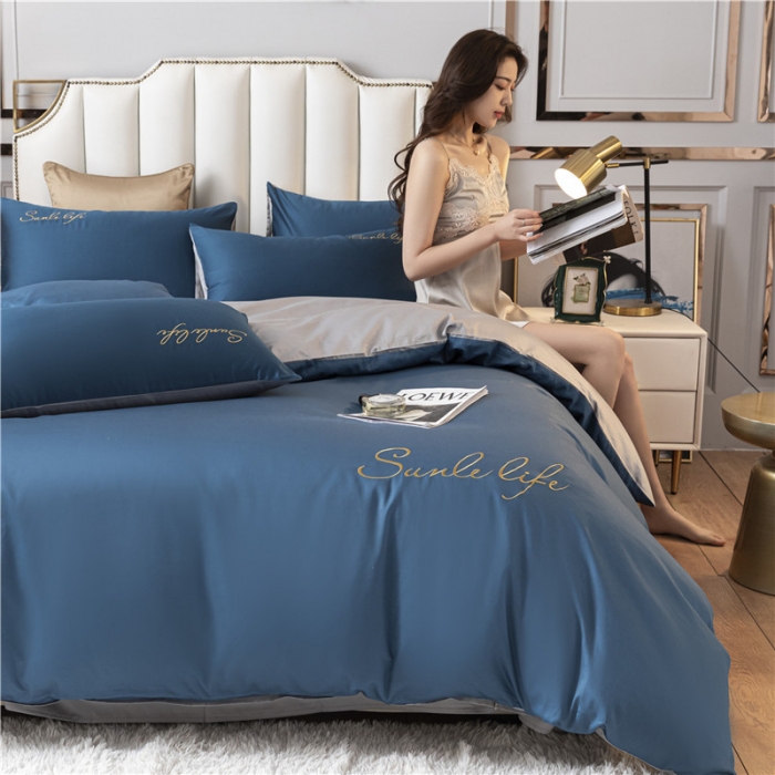 91家纺网 家纺一手货源 找家纺 古吉梦 2020新款洛卡棉双拼S款四件套 月光蓝