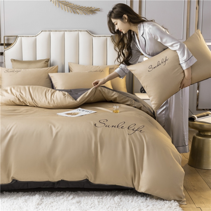 91家纺网 家纺一手货源 找家纺 古吉梦 2020新款洛卡棉双拼S款四件套 香槟金