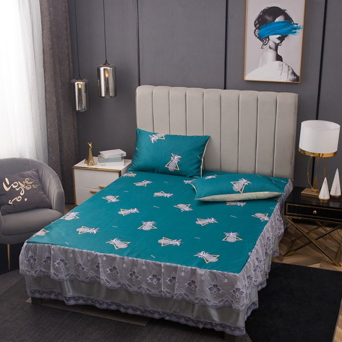 91家纺网 家纺一手货源 找家纺 纽缦  2021新款冰丝凉席三件套床裙款 菠萝蜜语