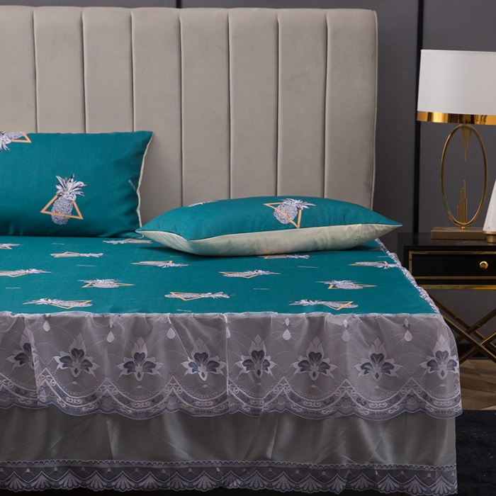 91家纺网 家纺一手货源 找家纺 纽缦  2021新款冰丝凉席三件套床裙款 菠萝蜜语