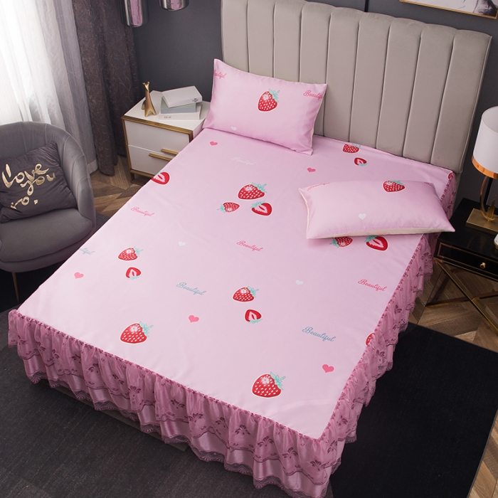 91家纺网 家纺一手货源 找家纺 纽缦  2021新款冰丝凉席三件套床裙款 草莓