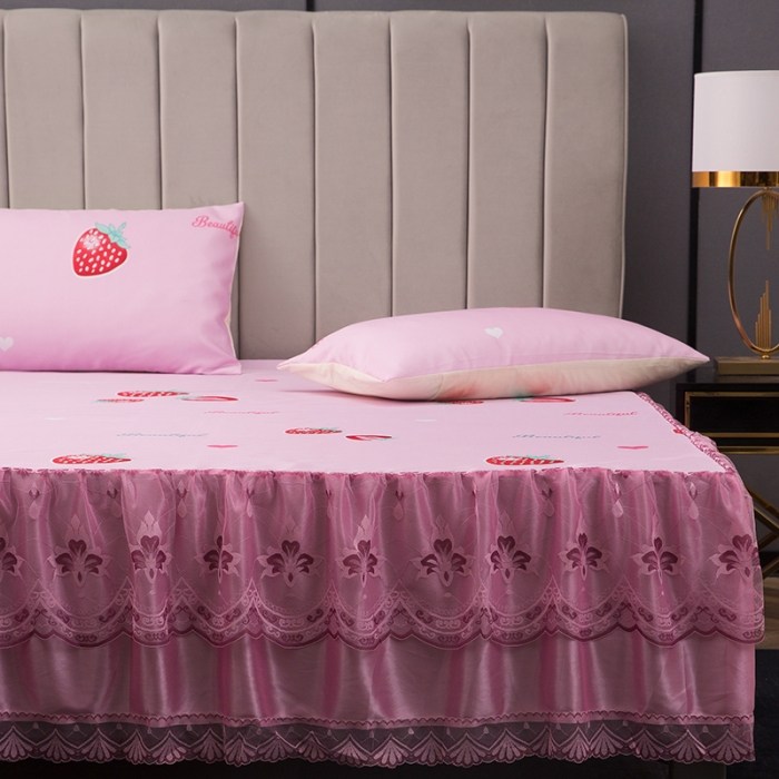 91家纺网 家纺一手货源 找家纺 纽缦  2021新款冰丝凉席三件套床裙款 草莓