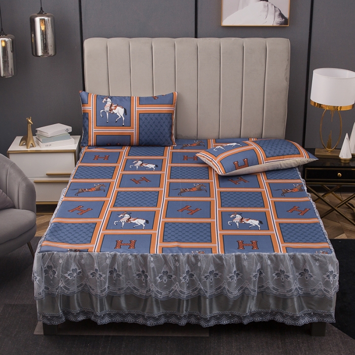 91家纺网 家纺一手货源 找家纺 纽缦  2021新款冰丝凉席三件套床裙款 简忆时光