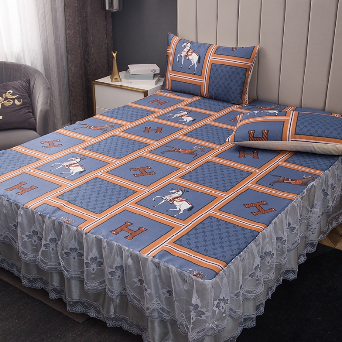 91家纺网 家纺一手货源 找家纺 纽缦  2021新款冰丝凉席三件套床裙款 简忆时光